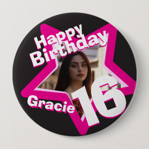 Rond 10 Cm 16e anniversaire photo fun hot rose bouton / badge