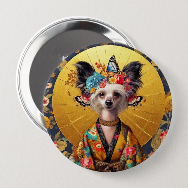 Rond 10 Cm Badge Chinese Crested Dog Art (Devant & derrière)