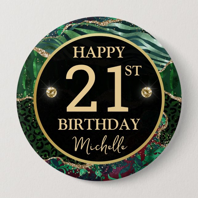 Rond 10 Cm Badge d'anniversaire Agate Safari Or Vert (Devant)