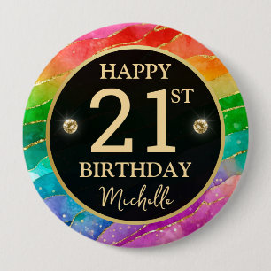 Rond 10 Cm Badge d'anniversaire Arc-en-ciel Agate Doré Paille
