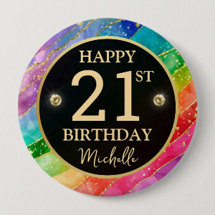 Rond 10 Cm Badge d'anniversaire Arc-en-ciel Agate Doré Paille