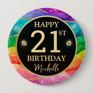 Rond 10 Cm Badge d'anniversaire Arc-en-ciel Agate Doré Paille