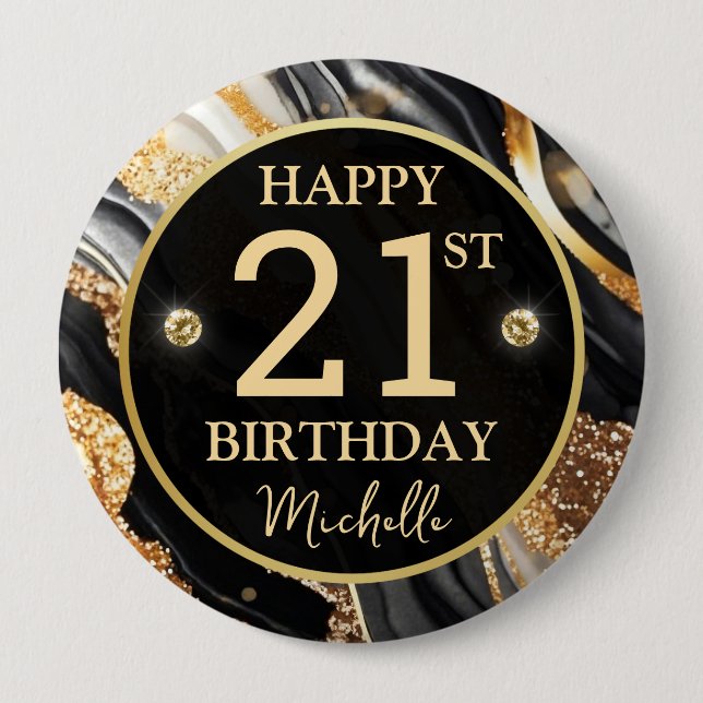 Rond 10 Cm Badge d'anniversaire Black Gold Glitter Agate (Devant)