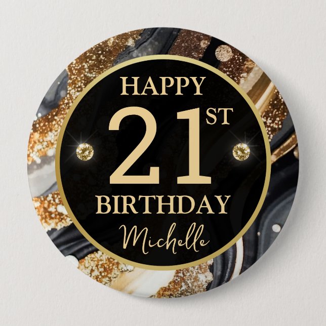 Rond 10 Cm Badge d'anniversaire Black Gold Glitter Agate (Devant)