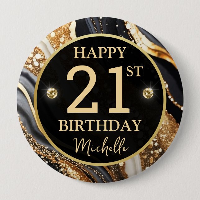 Rond 10 Cm Badge d'anniversaire Black Gold Glitter Agate (Devant)