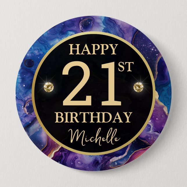 Rond 10 Cm Badge d'anniversaire en agate céleste scintillant (Devant)