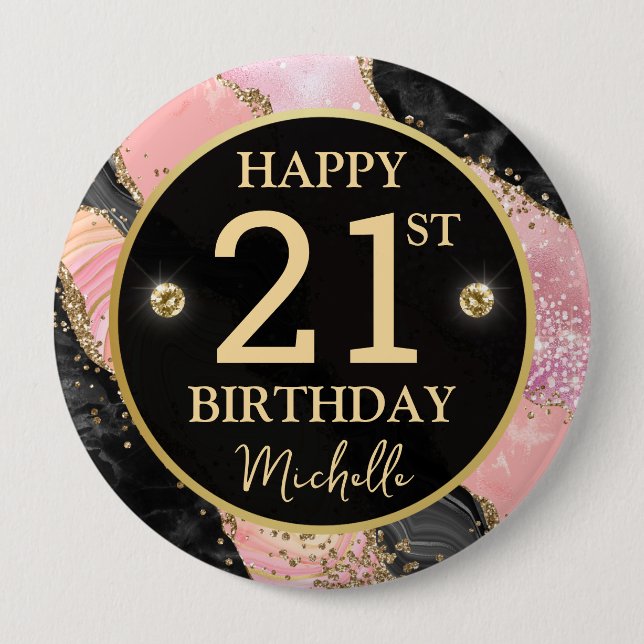 Rond 10 Cm Badge d'anniversaire en agate dorée rose (Devant)