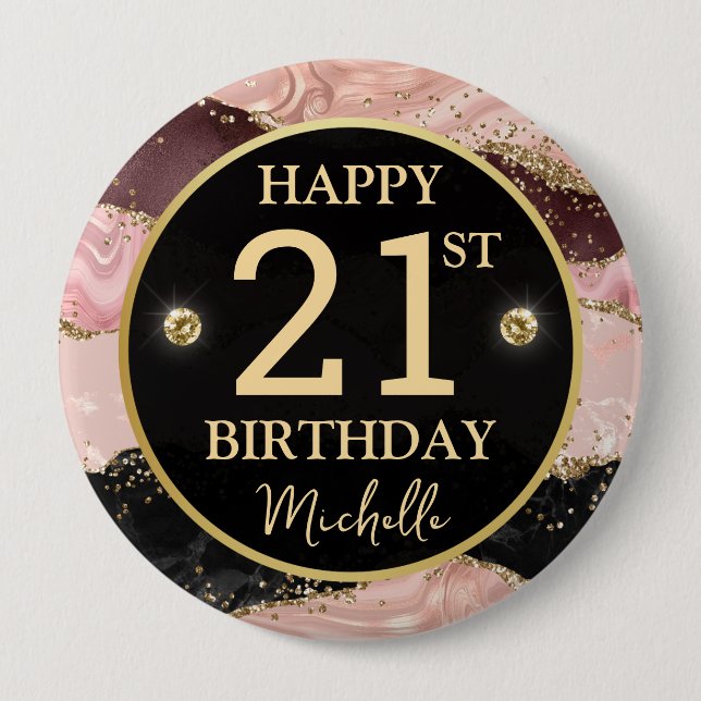 Rond 10 Cm Badge d'anniversaire en agate dorée rose (Devant)