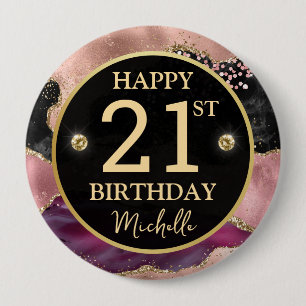 Rond 10 Cm Badge d'anniversaire en agate dorée rose