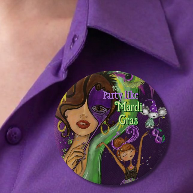 Rond 10 Cm Badge de Carnaval festif Mardi Gras | Vert Violet (Festive Mardi Gras Carnival Badge  Purple Green Button)