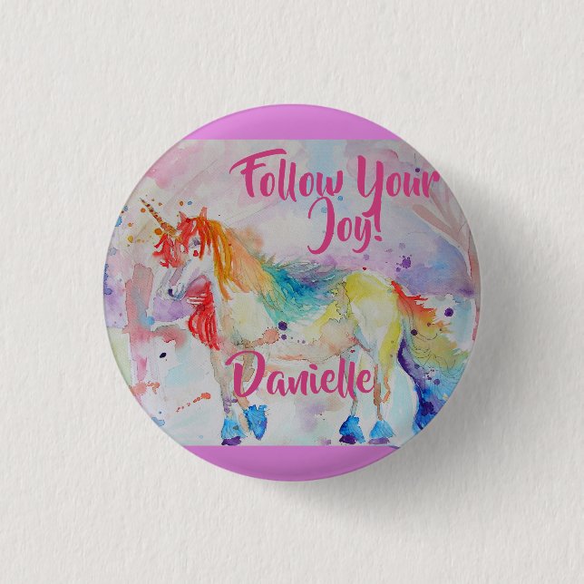 Rond 2,50 Cm Aquarelle de la licorne arc-en-ciel Badge rose (Devant)