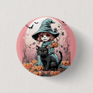 Rond 2,50 Cm Badge de sorcière zombie Halloween avec chat noir