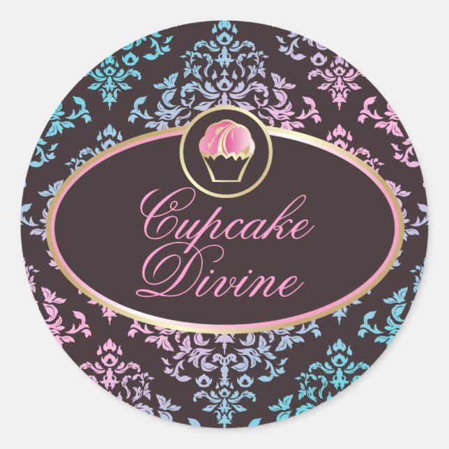 Rond 311 Cupcake Divine Pink Aqua Damask Sticker (Devant)