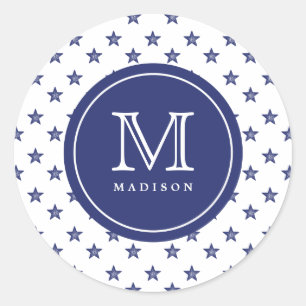 Rond 4 juillet Étoiles Monogramme Bleu Nom Sticker Part