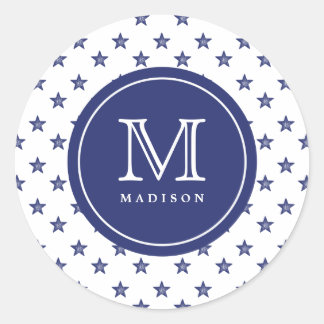 Rond 4 juillet Étoiles Monogramme Bleu Nom Sticker Part