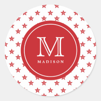 Rond 4 juillet Étoiles Rouge Monogramme Nom Sticker Par