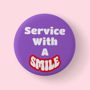 Rond 5 Cm Badge Service Avec Un Sourire Texte Rouge Et Blanc