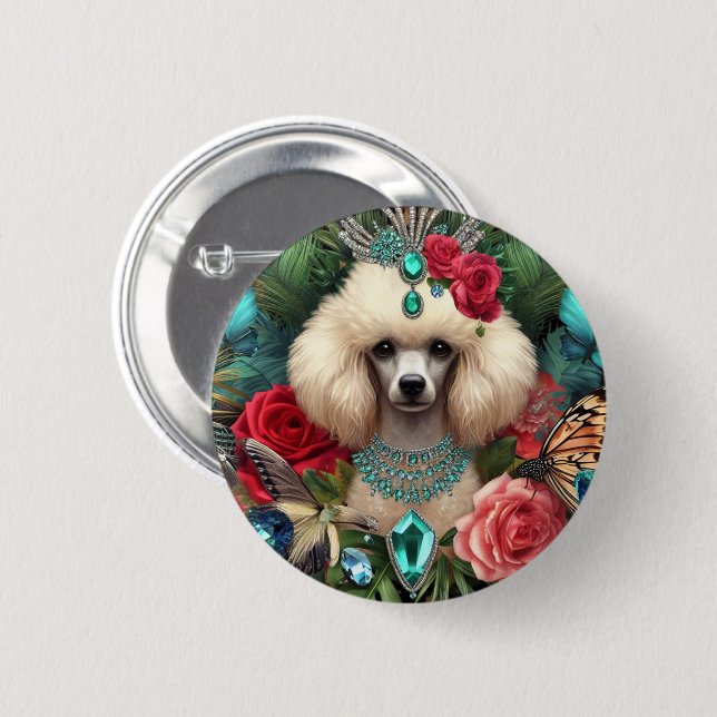 Rond 5 Cm Badge White Poodle Art (Devant & derrière)