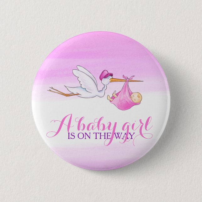 Rond 5 Cm Bébé fille cigogne rose aquarelle bouton badge (Devant)