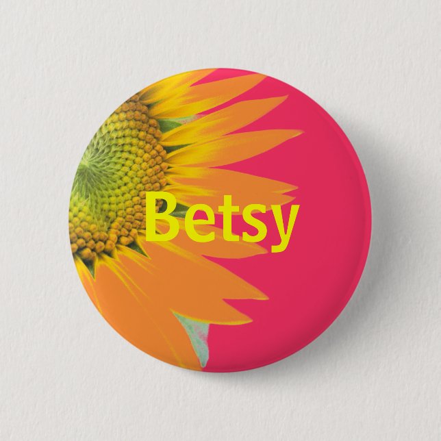 Rond 5 Cm Betsy Tournesol Rose et Jaune Badge Nom Clair (Devant)
