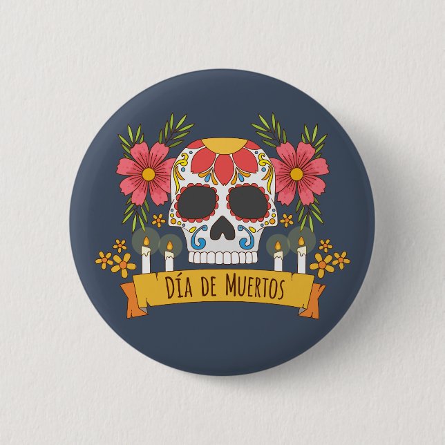 Rond 5 Cm Crâne floral Dia de los Muertos | Badge (Devant)