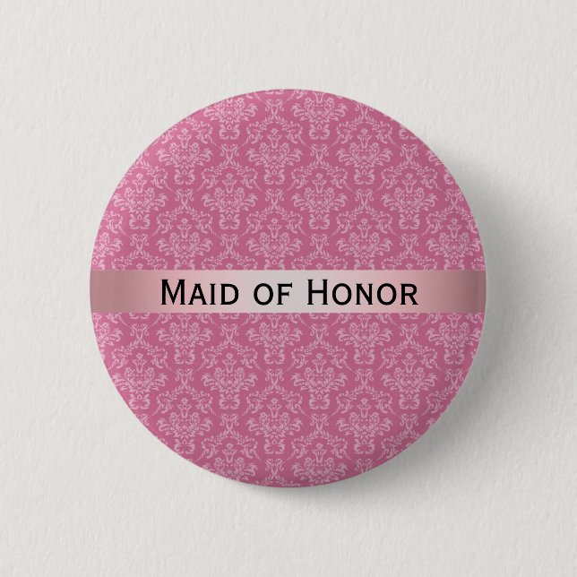 Rond 5 Cm Damas rose et blanc avec Badge Maid of Honor (Devant)