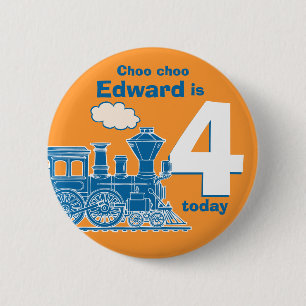 Rond 5 Cm Nom d'anniversaire du train bleu et badge orange d