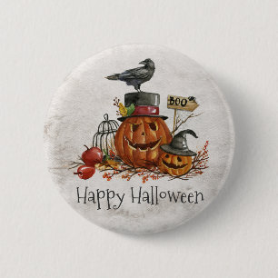 Rond 5 Cm Oiseau noir d'Halloween et Citrouilles   Badge