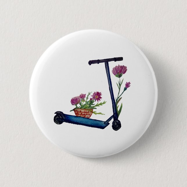 Rond 5 Cm Push Scooter & Fleurs Aquarelle Badge (Devant)