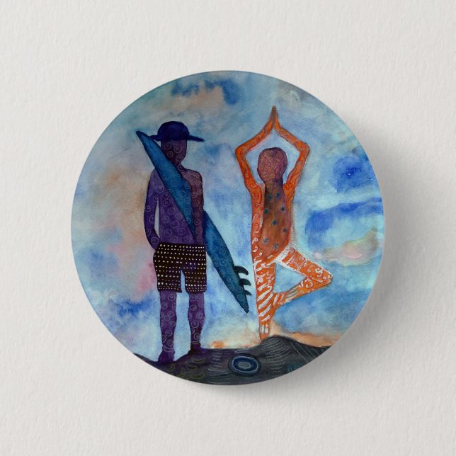 Rond 5 Cm Surf Yoga Coucher de soleil Dessin Boho Badge (Devant)