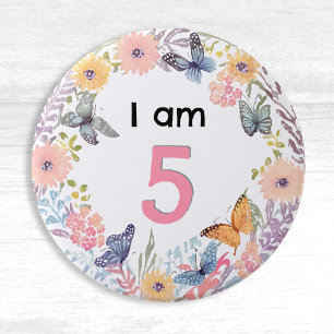 Rond 7,6 Cm Je Suis 5 Beau Papillon Floral Broche Badge Bouton