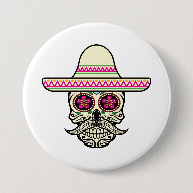 Rond 7,6 Cm Simple Dia de Muertos Crâne avec Casquette | Badge (Devant)