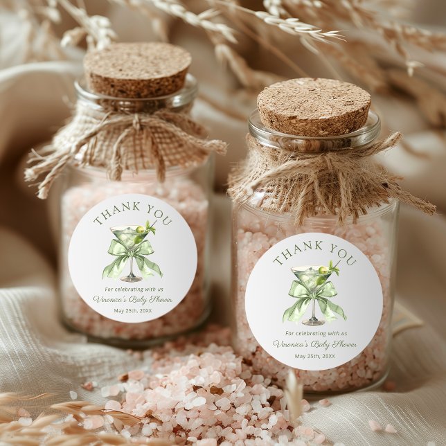 Rond A tini Martini Sage Baby Shower Thank you Sticker (A tini one is on the way Sage green martini coquette bow baby shower Thank you stickers)