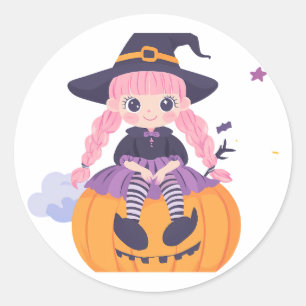 Rond "Amusement Citrouille : Sticker fille caricature m
