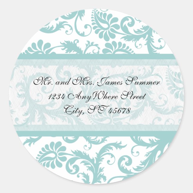 Rond Aqua Blue sur blanc Damask Adresse Mariage Sticker (Devant)