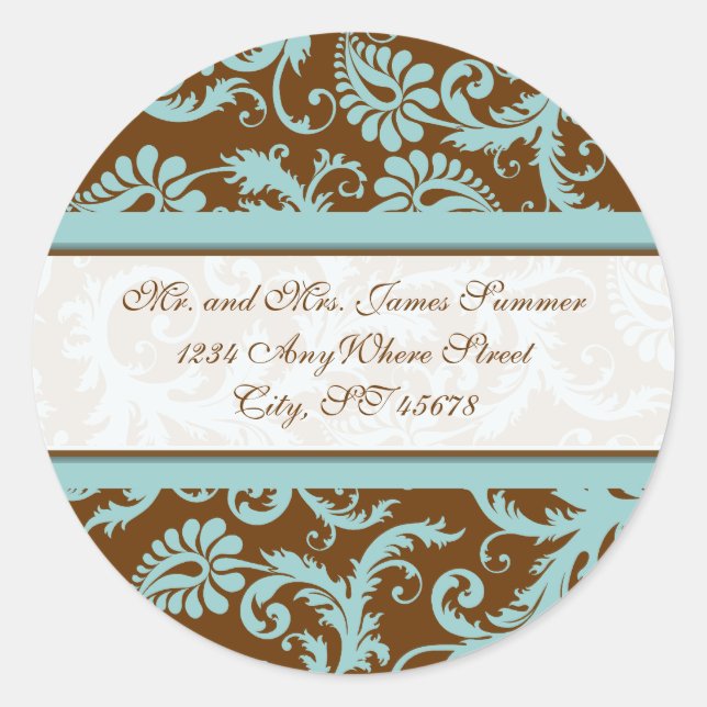 Rond Aqua Blue sur Brown Damask Adresse Mariage Sticker (Devant)