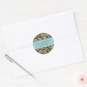 Rond Aqua Blue sur Brown Damask Adresse Mariage Sticker