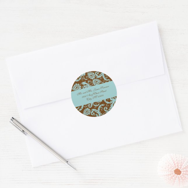 Rond Aqua Blue sur Brown Damask Adresse Mariage Sticker (Enveloppe)