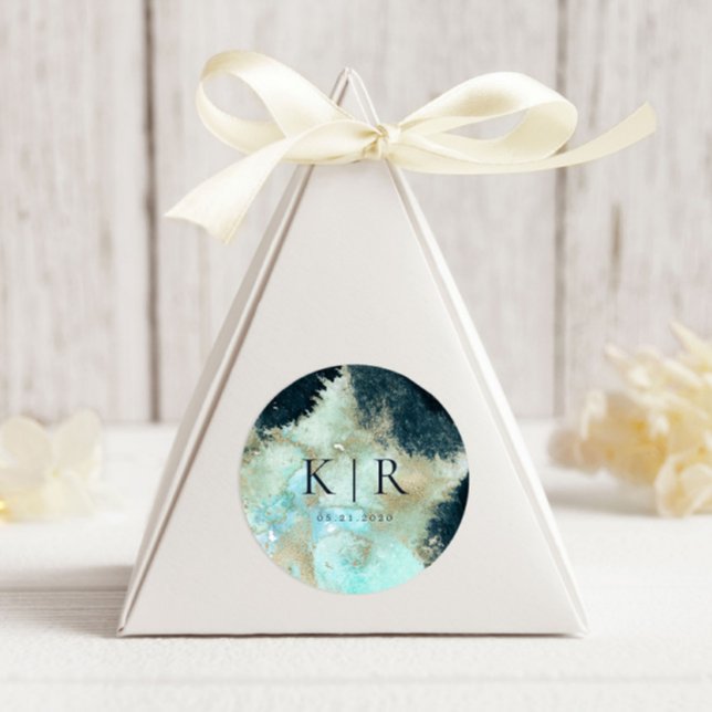 Rond Aquarelle Bleu et Or Élégant Sticker de mariage (Créateur téléchargé)