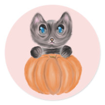 Aquarelle Cute Chat et Sticker Citrouille