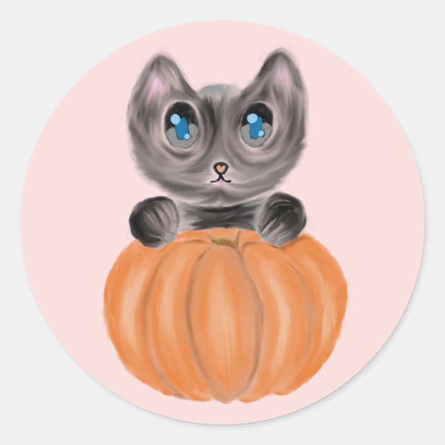 Rond Aquarelle Cute Chat et Sticker Citrouille (Devant)