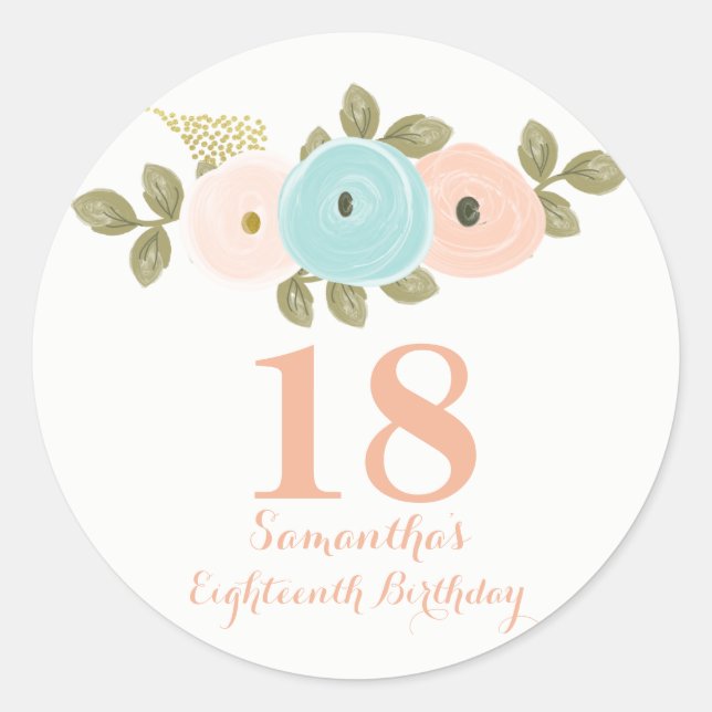 Rond Aquarelle florale 18e Sticker fille anniversaire (Devant)