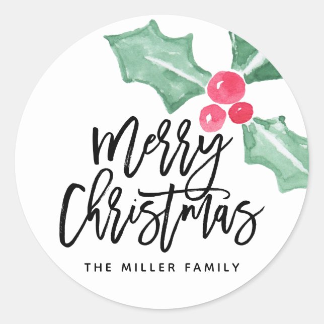 Rond Aquarelle Holly Joyeux Nom de Noël Sticker (Devant)