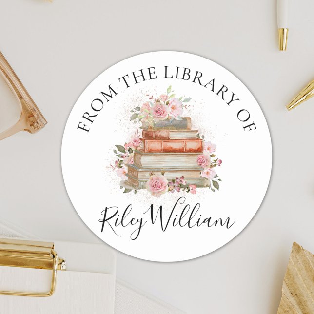 Rond Aquarelle Livre rose Rose Floral Sticker plaque d' (In situ)