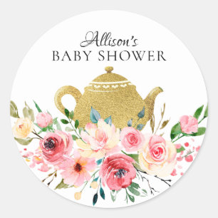 Rond Aquarelle Peony Floral Baby Tea Party Sticker