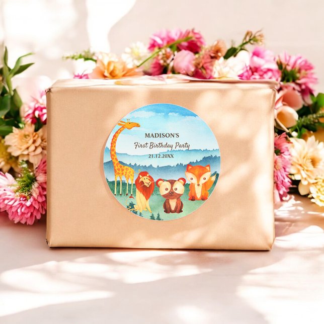 Rond Aquarelle Safari Animaux Blue Green Sticker (Créateur téléchargé)