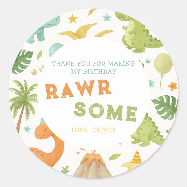 Rond Aquarelle Vert Dinosaure Orange Sticker Anniversai (Devant)