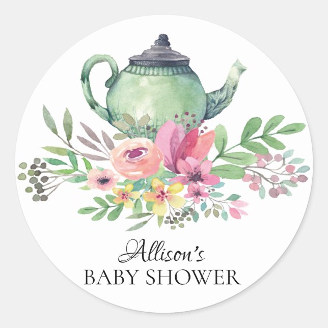 Rond Aquarelle Vert Floral Baby Tea Party Sticker (Devant)