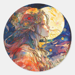 Rond Aquarelle vibrante de Sticker pour fille et lune
