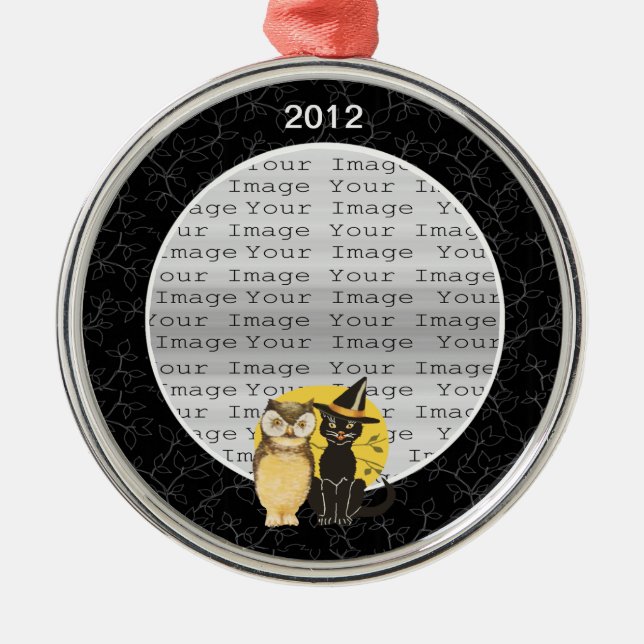 Rond Argenté Ornement de mariage Halloween Chat & Hibou (Devant)